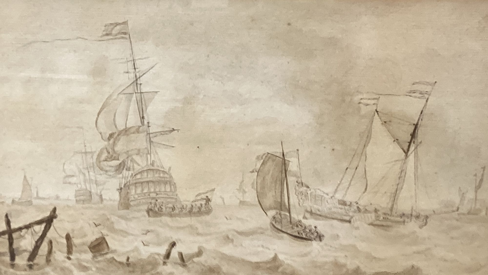 Attributed to Cornelis Thim (1754-1813), pair of ink and wash studies, Shipping at sea, 16 x 27cm